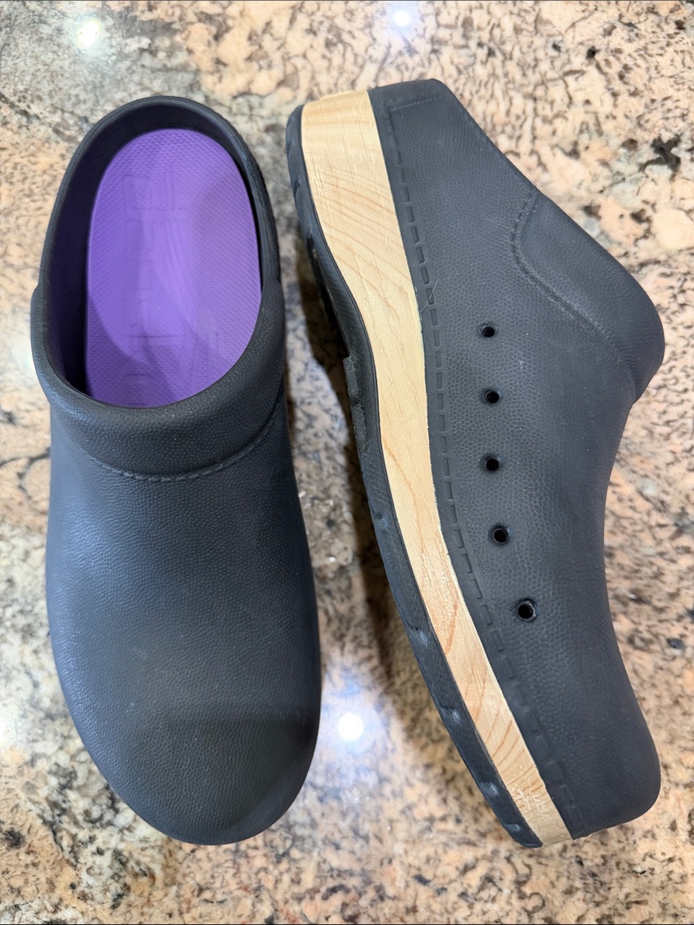 Dansko Black Clogs with Purple Insole